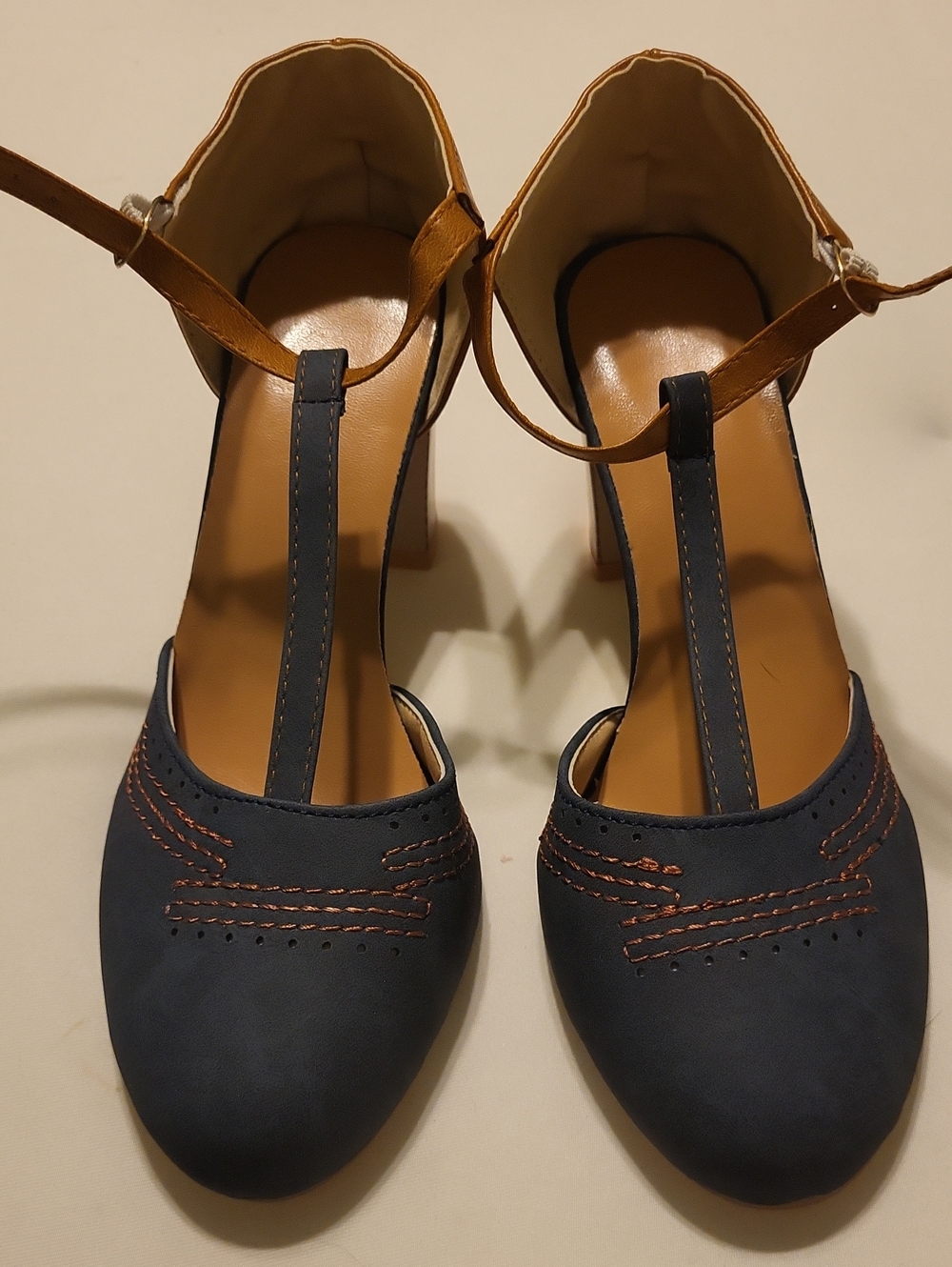 Women’s Navy T-Strap Heels with Tan Ankle Strap